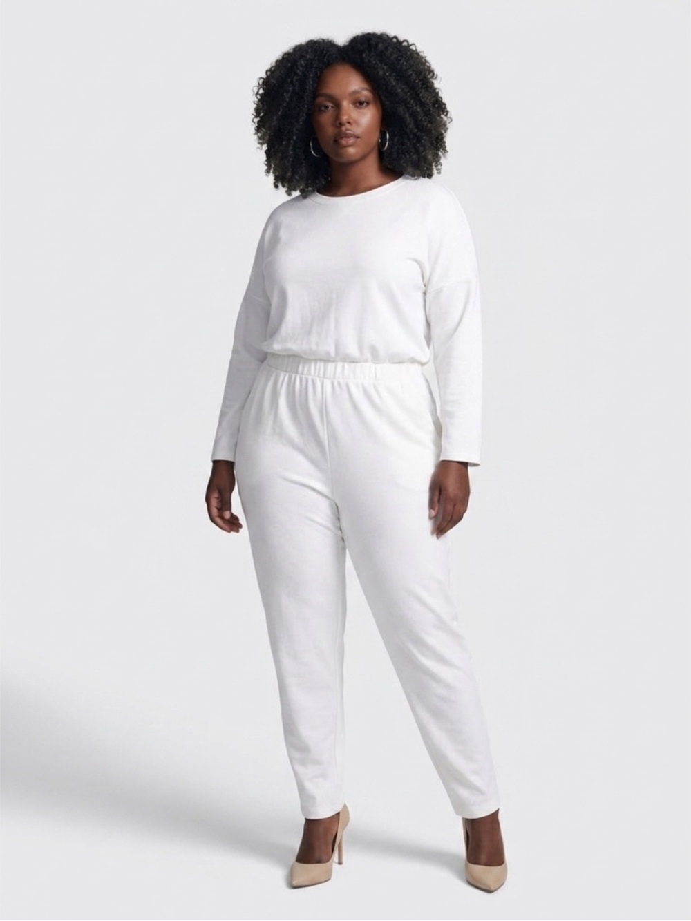 White Knit Two-Piece Set - Long Sleeve Top & Elastic Waist Pants XXL